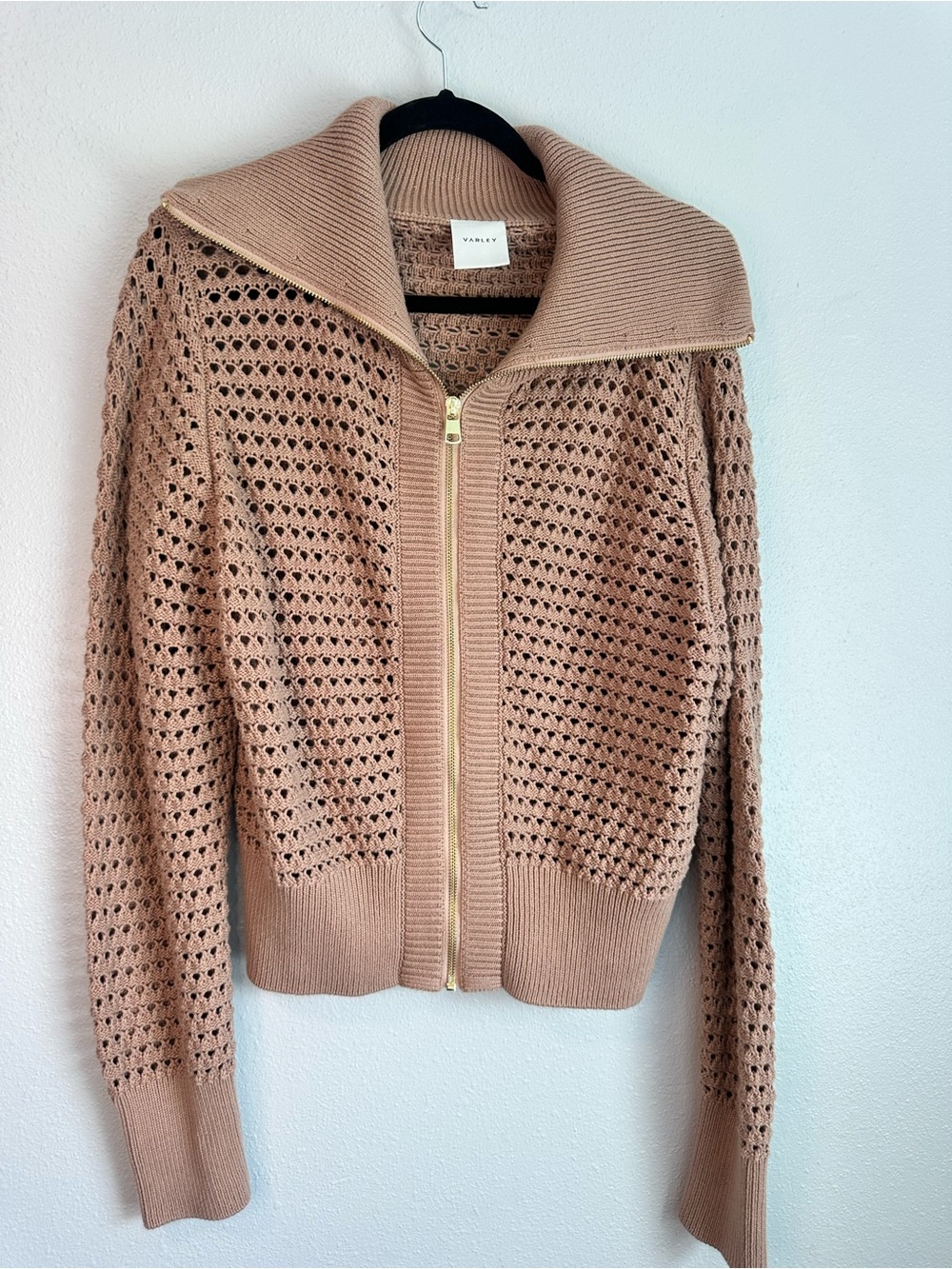 Varley Eloise Full Zip Knit Sweater Cardigan Sand Tan Open Work Crochet